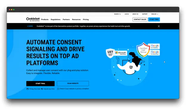 A screenshot of the Cookieyes website, a Consent  Management Platform designed to simplify cookie compliance for businesses of all sizes. The image shows badges and mentions compatibility with global privacy laws, emphasizing its role in Consent Management for a Global Business.
