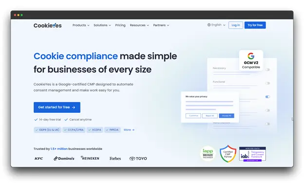 Screenshot of the CookieYes website homepage, featuring the slogan, "Cookie compliance made simple for businesses of every size." The description notes that CookieYes is a Google-certified Consent Management Platform (CMP) and is trusted by over 1.5 million businesses worldwide. GDPR Compliance; GDPR Compliance Software; Compliance Software