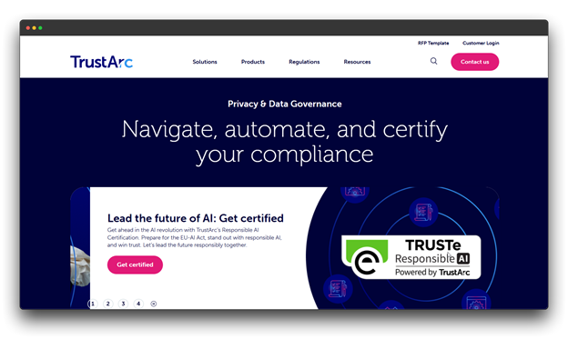 TrustArc website screenshot: "Privacy & Data Governance: Navigate, automate, and certify your compliance." Promotes getting certified with "Responsible AI Powered by TrustArc" in anticipation of the EU-AI Act.  Data Privacy Compliance Software; Data Privacy; Compliance Software; Privacy Compliance Software