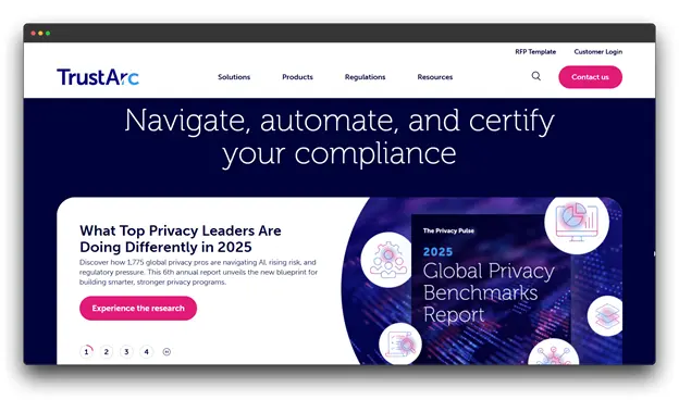 Screenshot of the TrustArc website homepage with the main goal: "Navigate, automate, and certify your compliance." A prominent section highlights the "2025 Global Privacy Benchmarks Report." GDPR Compliance; GDPR Compliance Software; Compliance Software