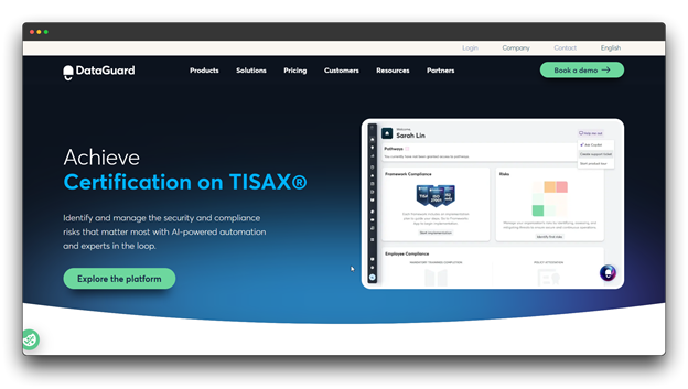 DataGuard website screenshot: "Achieve Certification on TISAX®" using AI-powered automation to manage security and compliance risks, with a dashboard preview showing Framework Compliance and Employee Compliance.  Data Privacy Compliance Software; Data Privacy; Compliance Software; Privacy Compliance Software