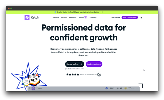 Ketch website screenshot: "Permissioned data for confident growth" describing Ketch as data privacy and permissioning software built for the AI era, with a badge showing its Top 50 ranking. Data Privacy Compliance Software; Data Privacy; Compliance Software; Privacy Compliance Software
