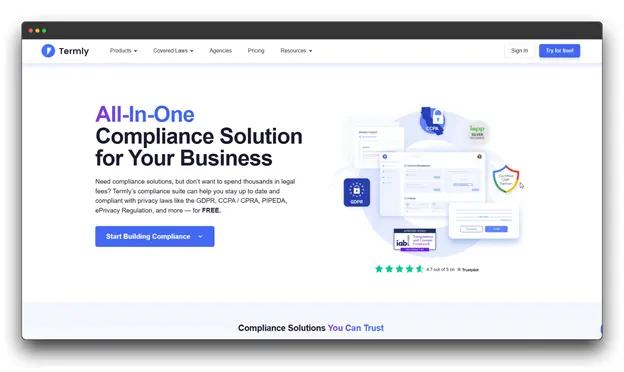 A screenshot of the   Termly website, an "All-In-One Compliance Solution" that includes Consent Management. The image shows its user interface with mentions of different global privacy laws like GDPR and CCPA, demonstrating its value for a Global Business.